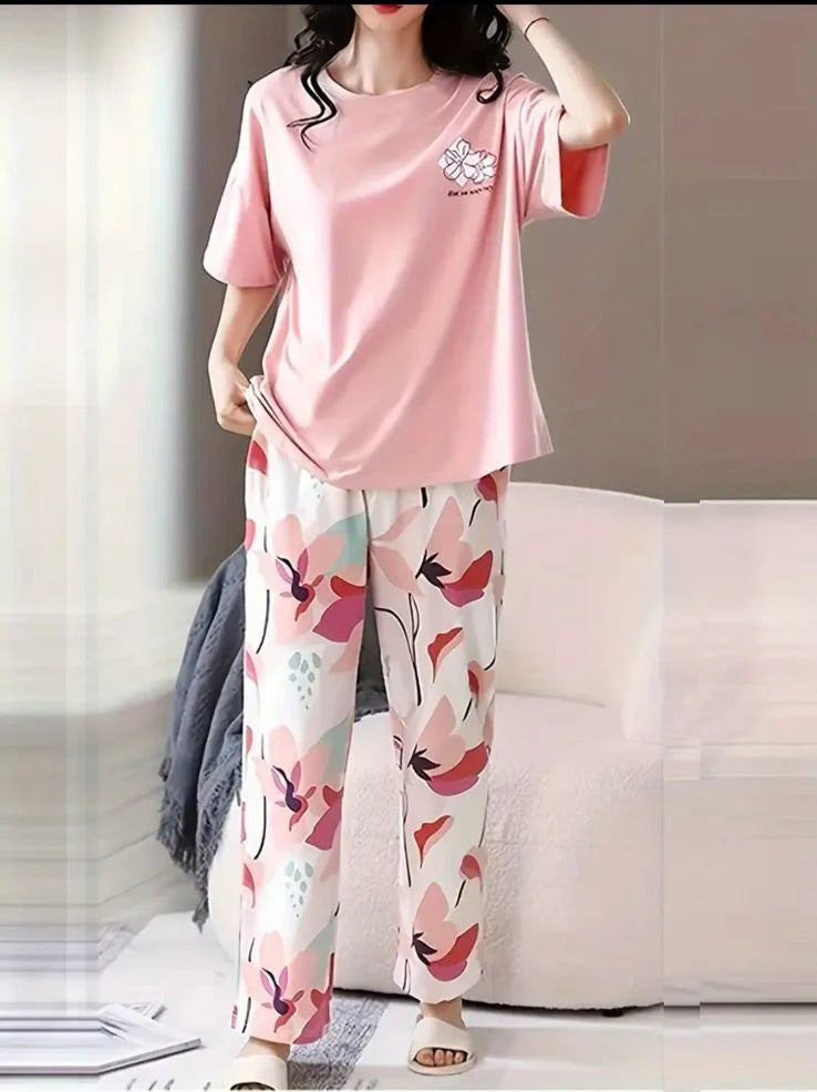 Pink but printed Night suit