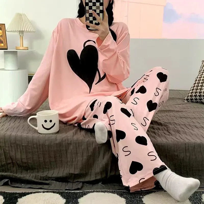 PINK BIG HEARTS PRINTED PJ SUIT FULL SLEEVES