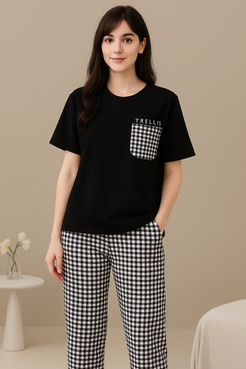 Black Checked Pocket Night Suit